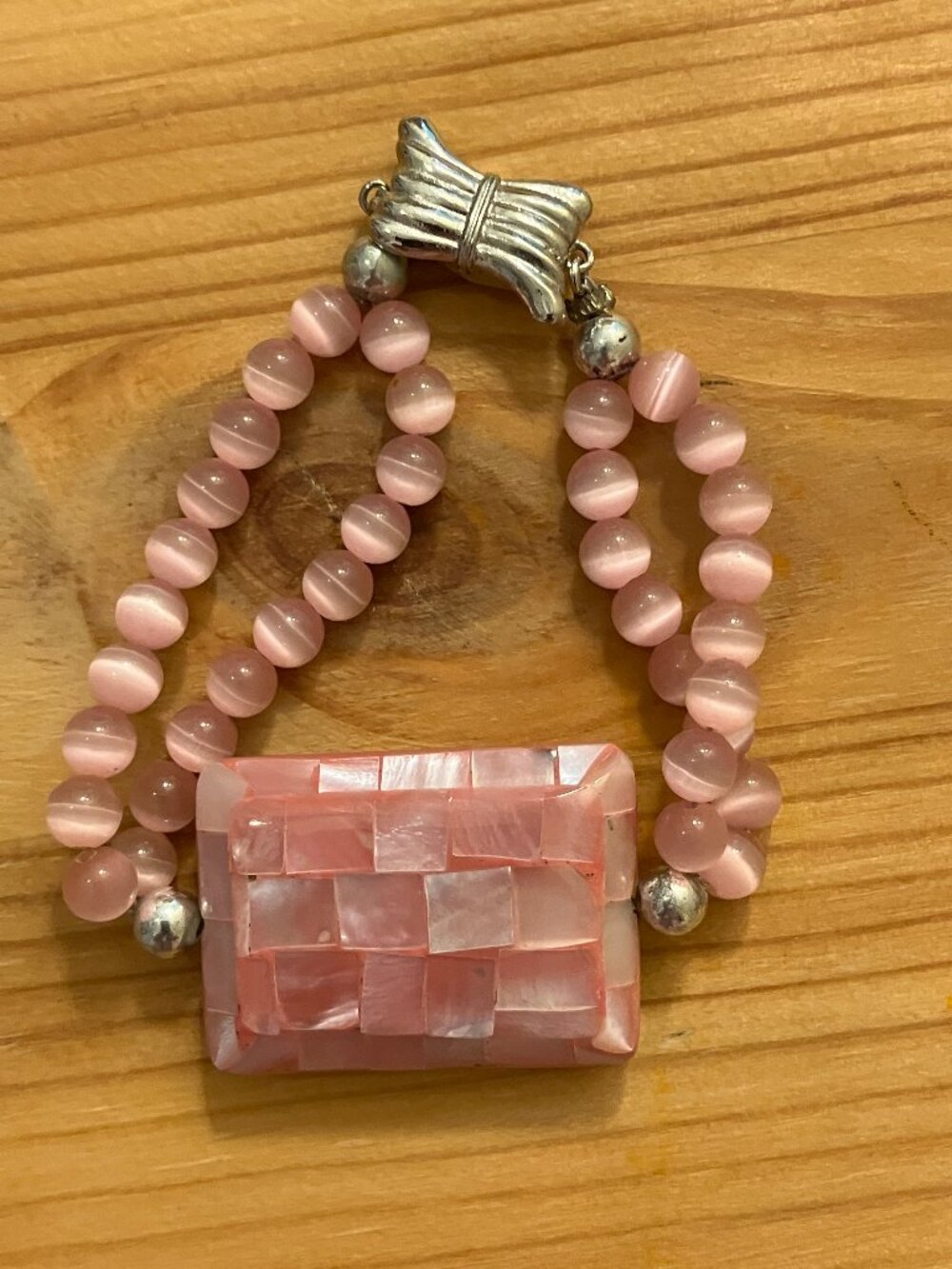 Vintage Pink Beaded Bracelet w/rectangular centerpiece and round beads